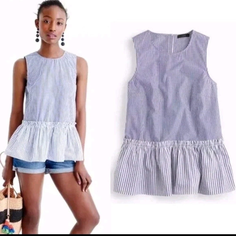 Time and Tru Blue White Stripe Sleeveless Peplum Top Blouse Medium 8-10 Coastal